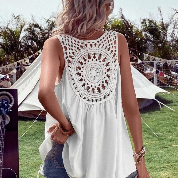 White Boho Womens Solid Contrast Crochet Sleeveless Blouse - Picture 2 of 4